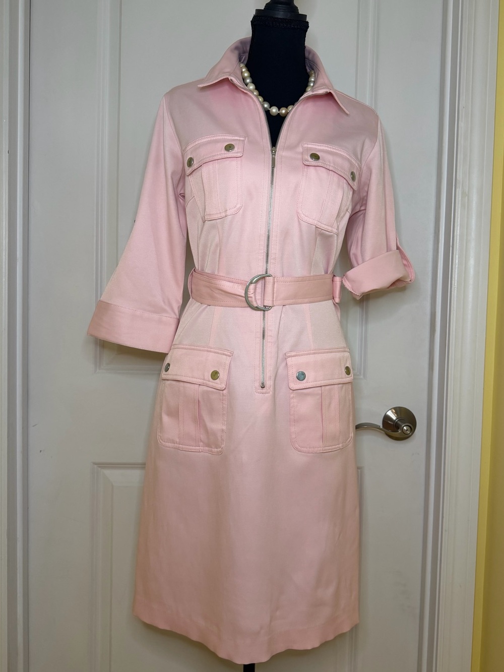 Classic Pink Belted Shirt Dress by Sharagano, size S